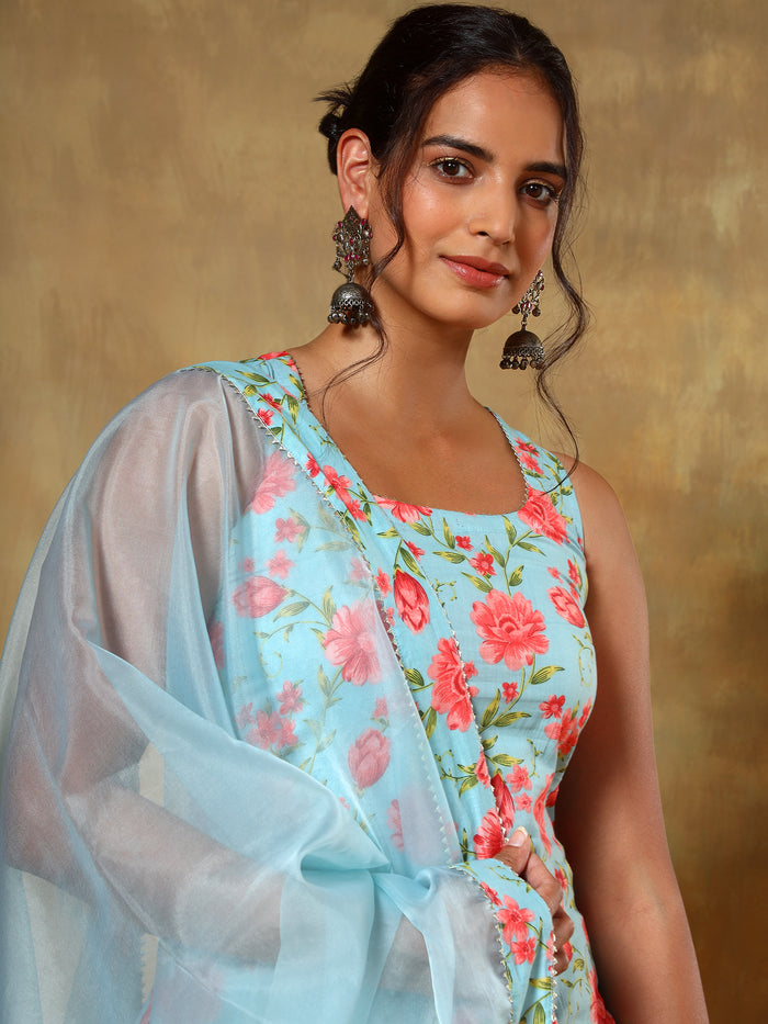 Sky Blue Floral Printed Cotton Salwar Set With Organza Dupatta