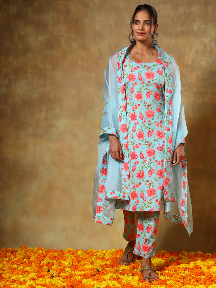 Sky Blue Floral Printed Cotton Salwar Set With Organza Dupatta