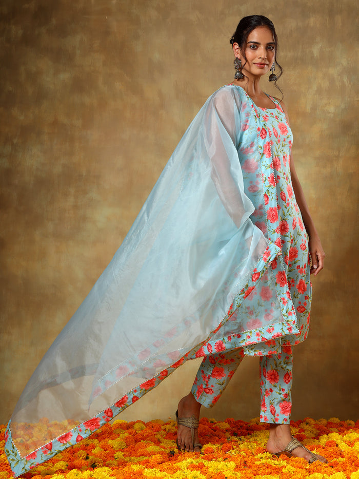 Sky Blue Floral Printed Cotton Salwar Set With Organza Dupatta