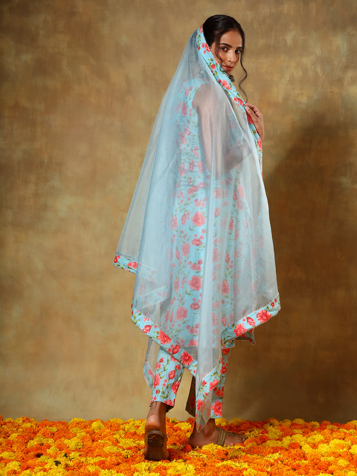 Sky Blue Floral Printed Cotton Salwar Set With Organza Dupatta
