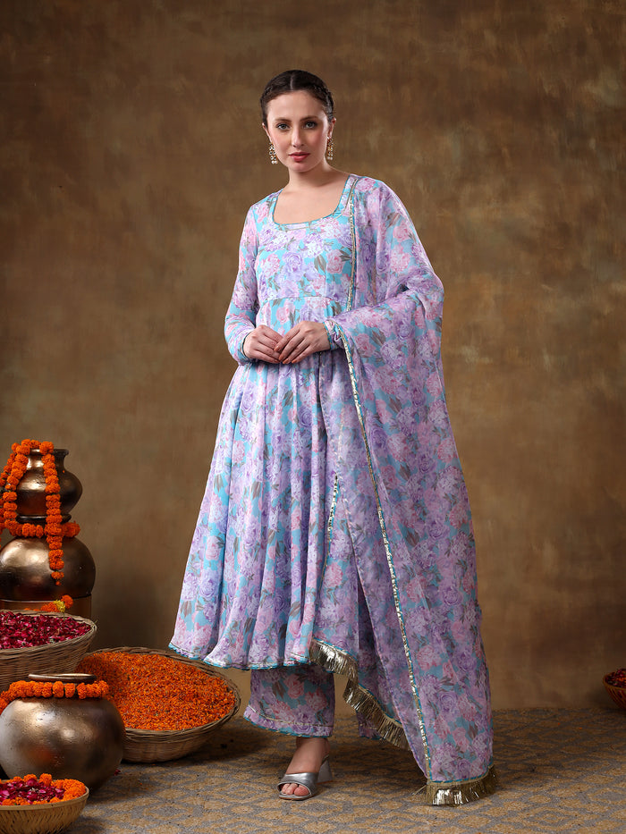 Sky Blue Floral Printed Georgette Anarkali Set With Fringed Dupatta