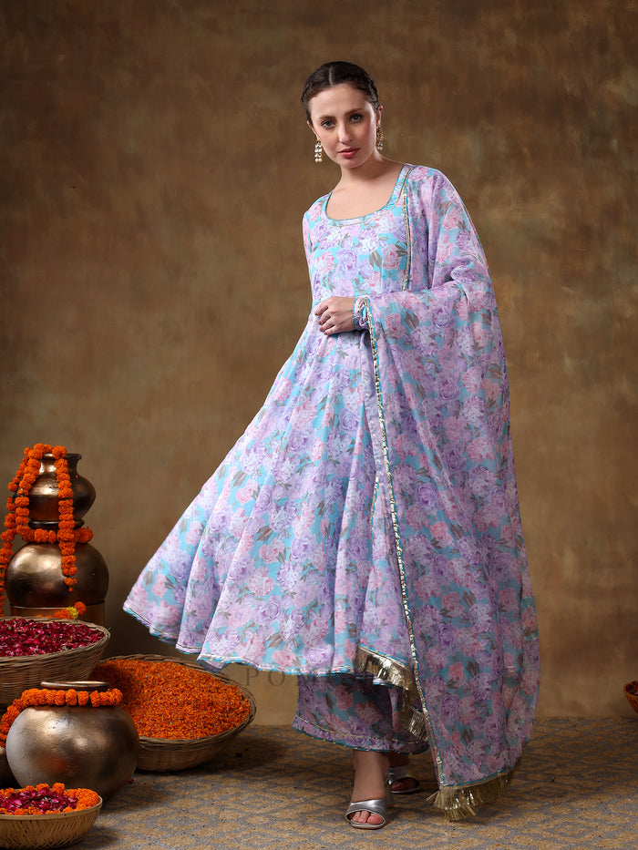 Sky Blue Floral Printed Georgette Anarkali Set With Fringed Dupatta