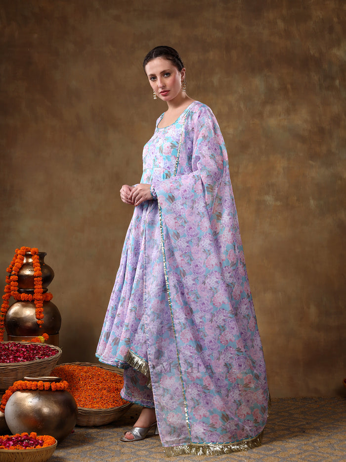 Sky Blue Floral Printed Georgette Anarkali Set With Fringed Dupatta