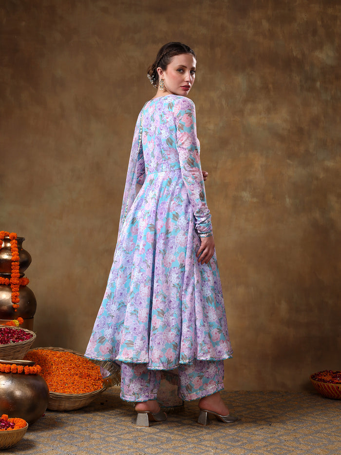 Sky Blue Floral Printed Georgette Anarkali Set With Fringed Dupatta