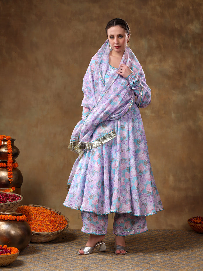 Sky Blue Floral Printed Georgette Anarkali Set With Fringed Dupatta