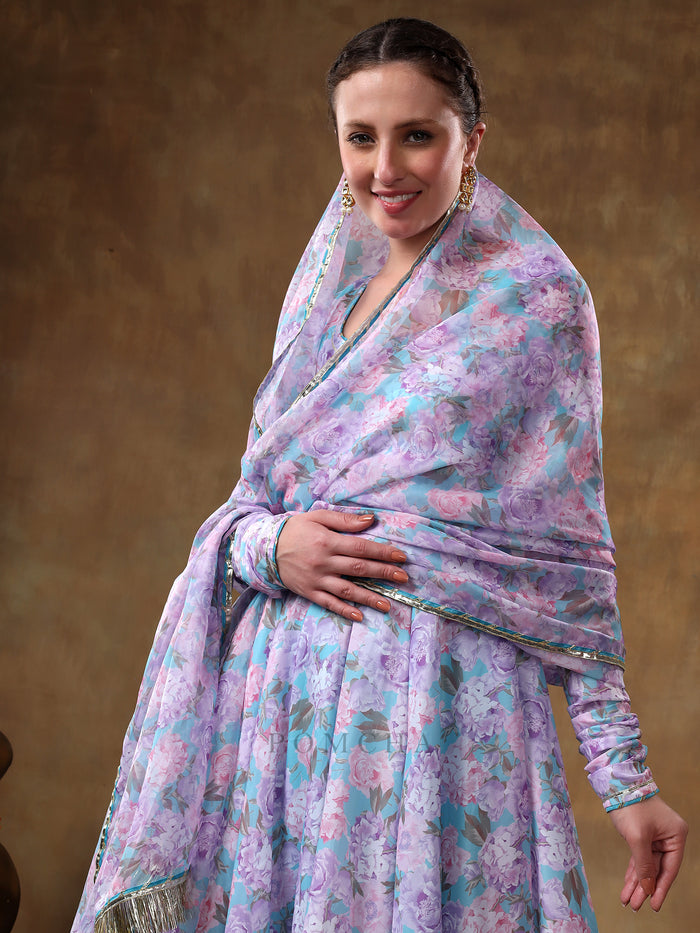 Sky Blue Floral Printed Georgette Anarkali Set With Fringed Dupatta
