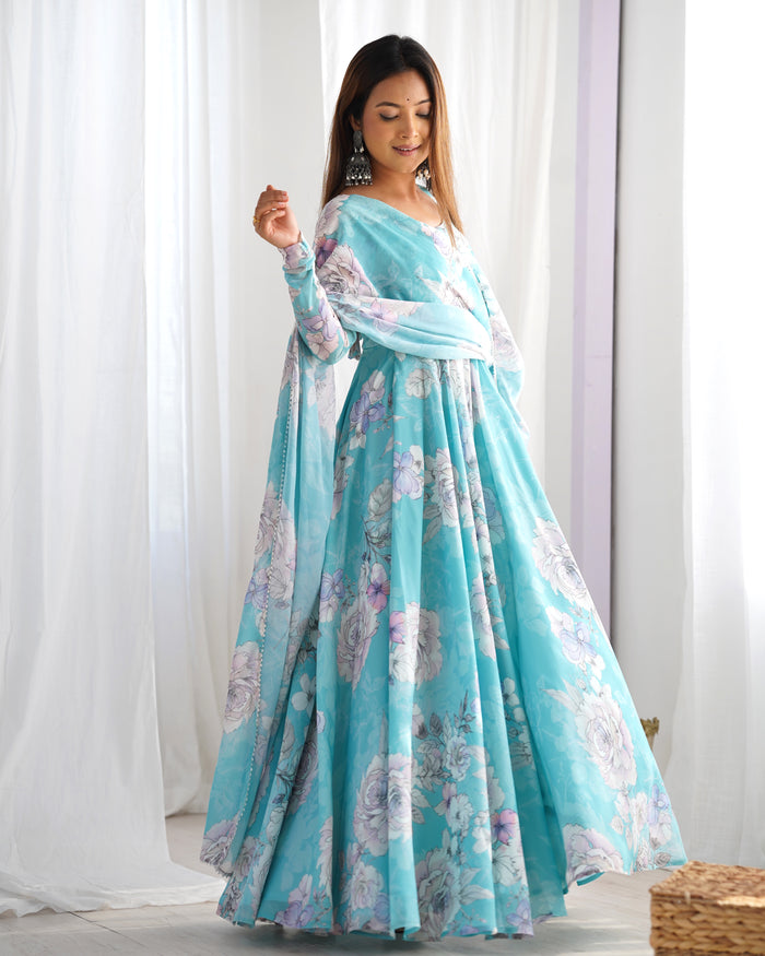 Sky Blue Floral Printed Georgette Anarkali Set