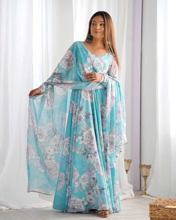 Sky Blue Floral Printed Georgette Anarkali Set