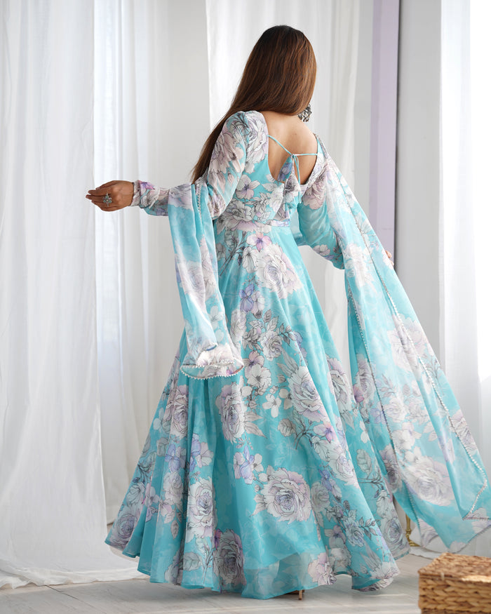Sky Blue Floral Printed Georgette Anarkali Set
