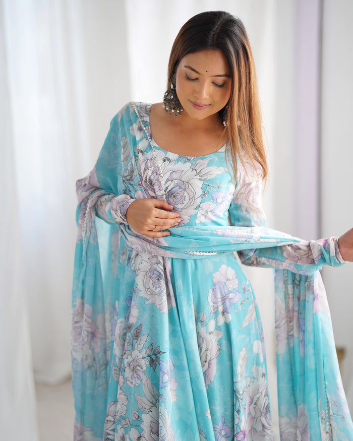 Sky Blue Floral Printed Georgette Anarkali Set