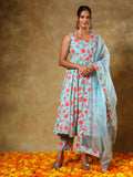 Sky Blue Floral Printed Sleeveless Anarkali Set With Organza Dupatta