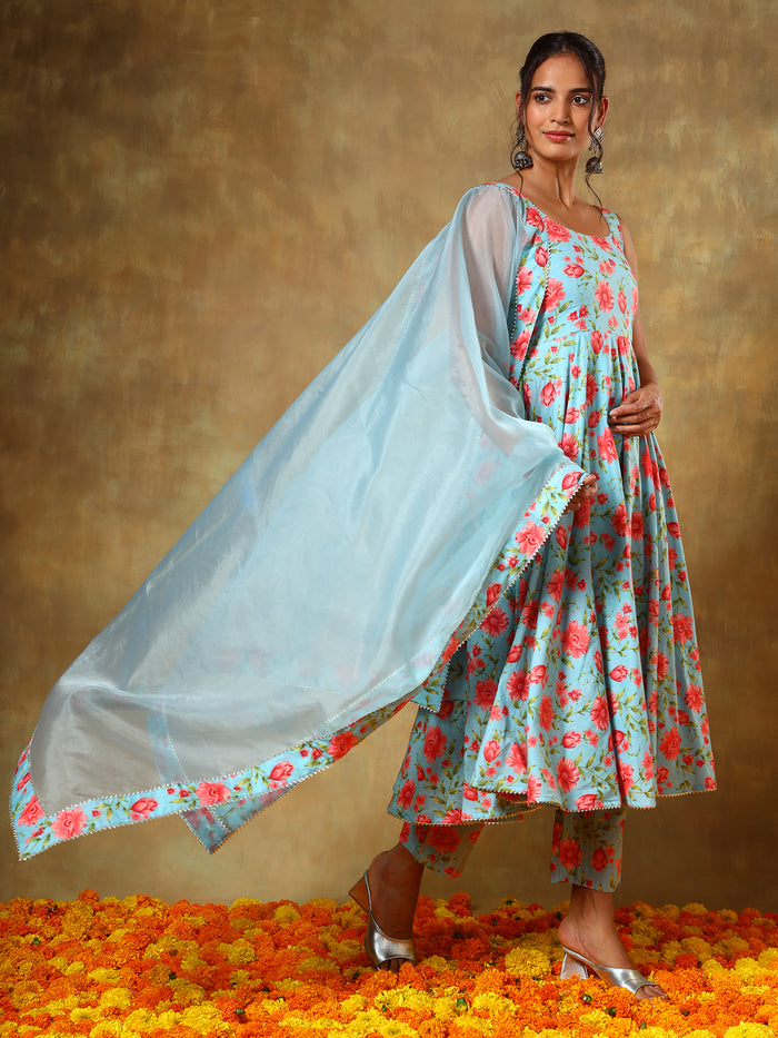 Sky Blue Floral Printed Sleeveless Anarkali Set With Organza Dupatta