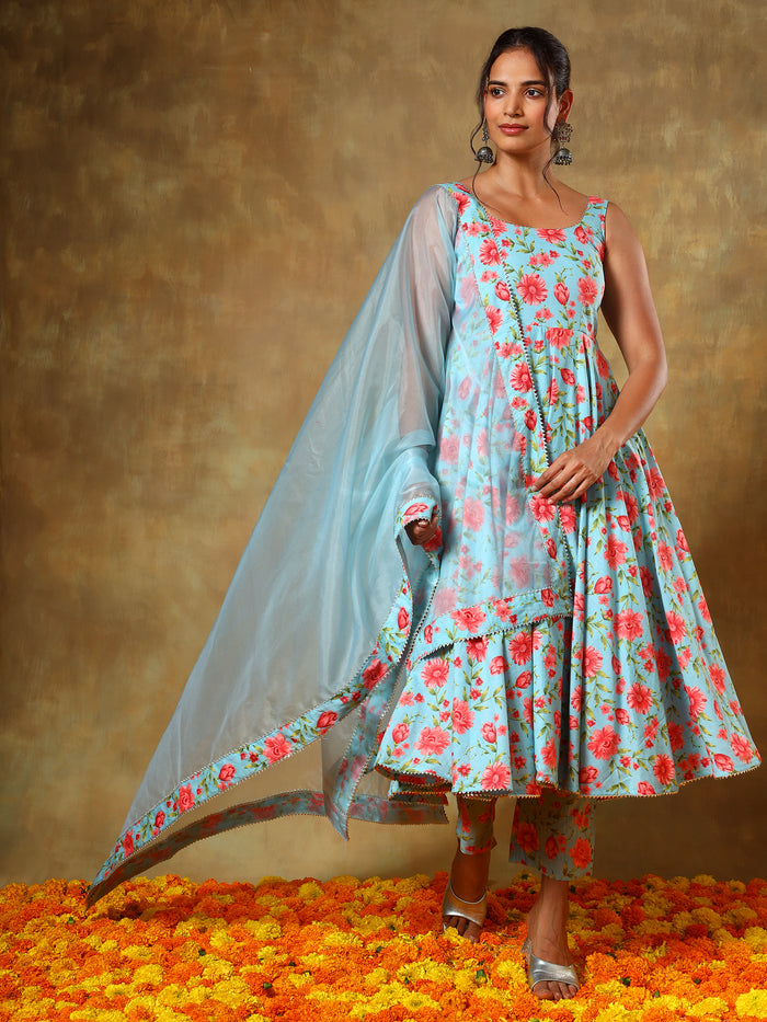 Sky Blue Floral Printed Sleeveless Anarkali Set With Organza Dupatta