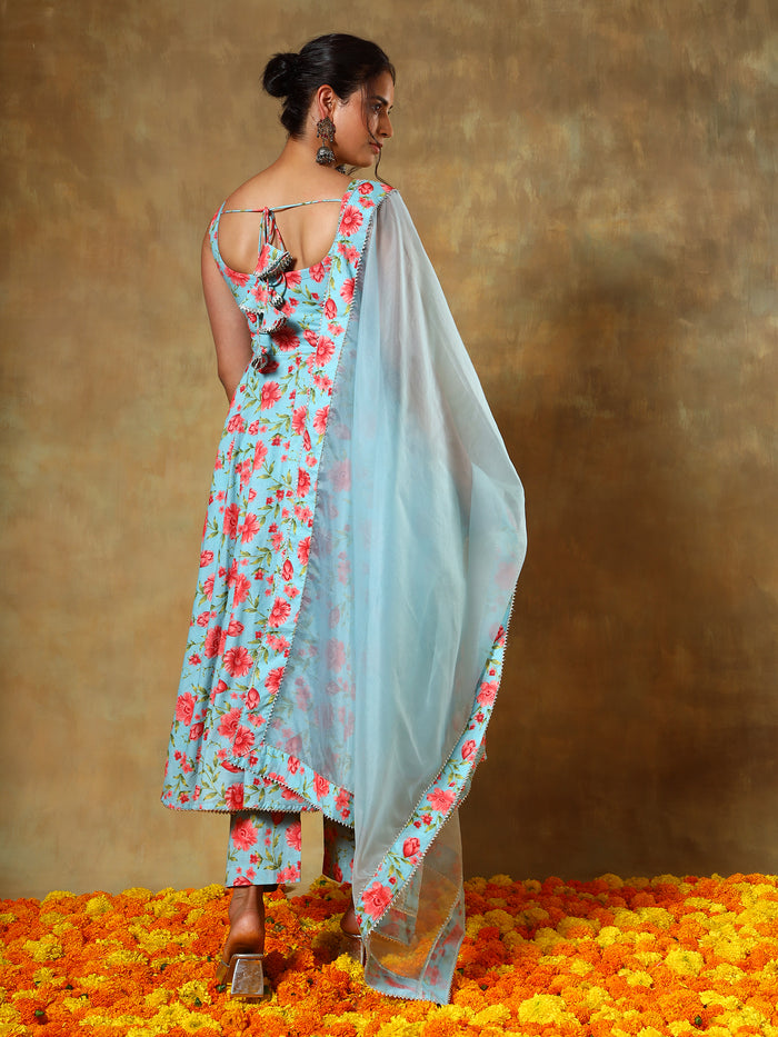 Sky Blue Floral Printed Sleeveless Anarkali Set With Organza Dupatta