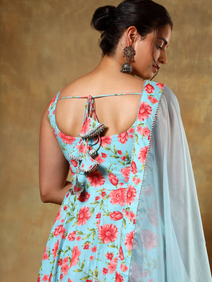 Sky Blue Floral Printed Sleeveless Anarkali Set With Organza Dupatta