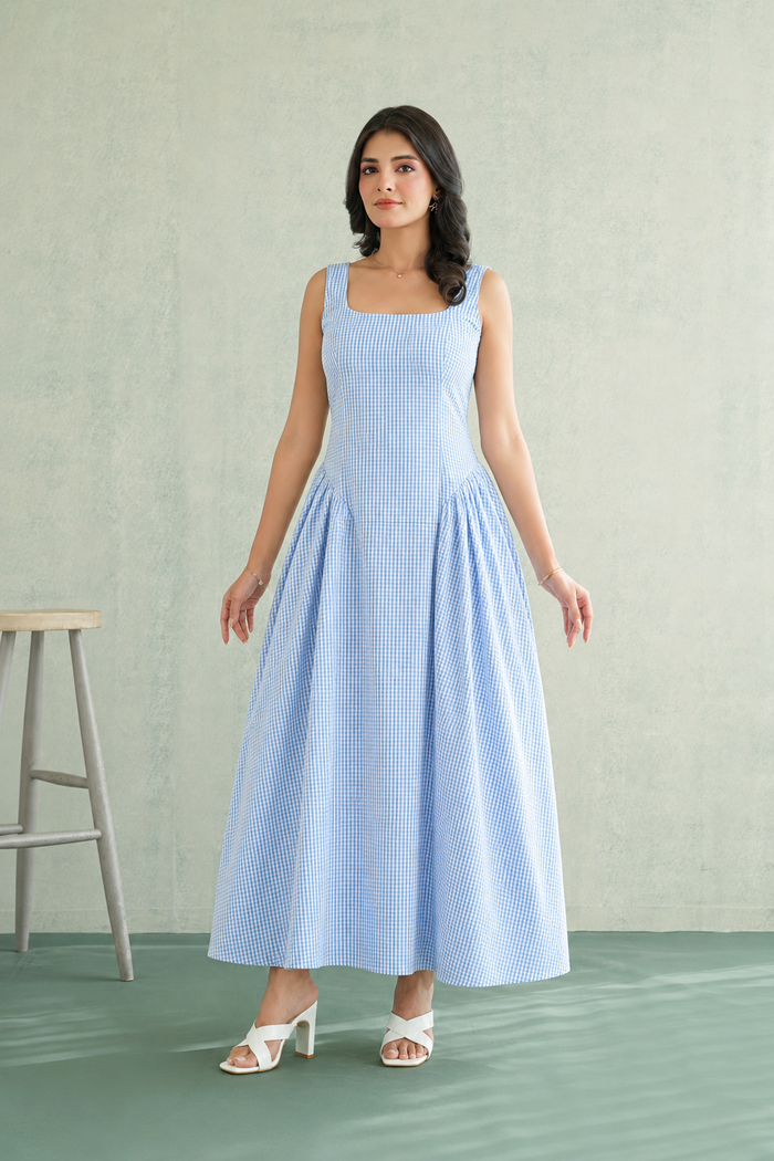 Sky Blue Gingham Fit-Flare Gown