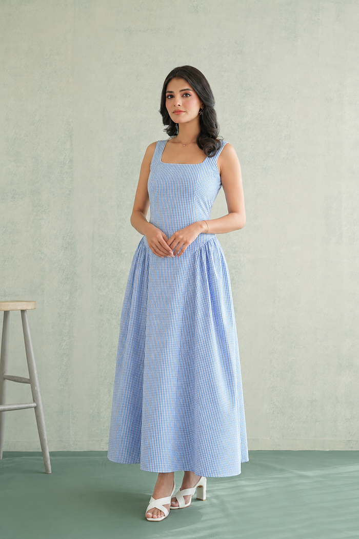 Sky Blue Gingham Fit-Flare Gown