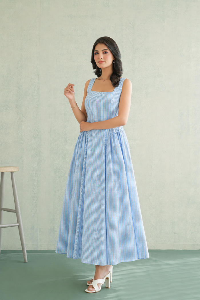 Sky Blue Gingham Fit-Flare Gown
