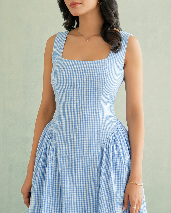 Sky Blue Gingham Fit-Flare Gown