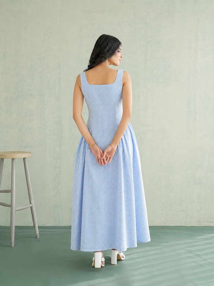 Sky Blue Gingham Fit-Flare Gown