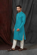 Sky Blue Jacquard Kurti Set With Embroidered Neck