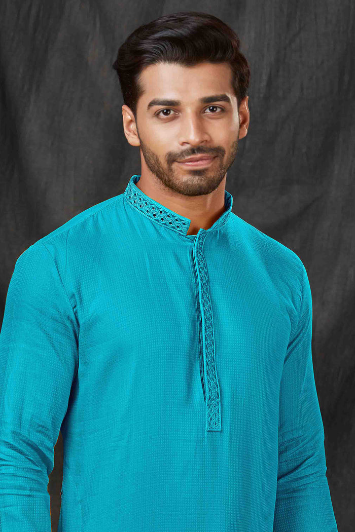 Sky Blue Jacquard Kurti Set With Embroidered Neck