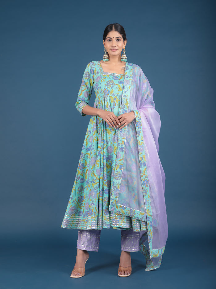Sky Blue Lavender Floral Print Anarkali Set