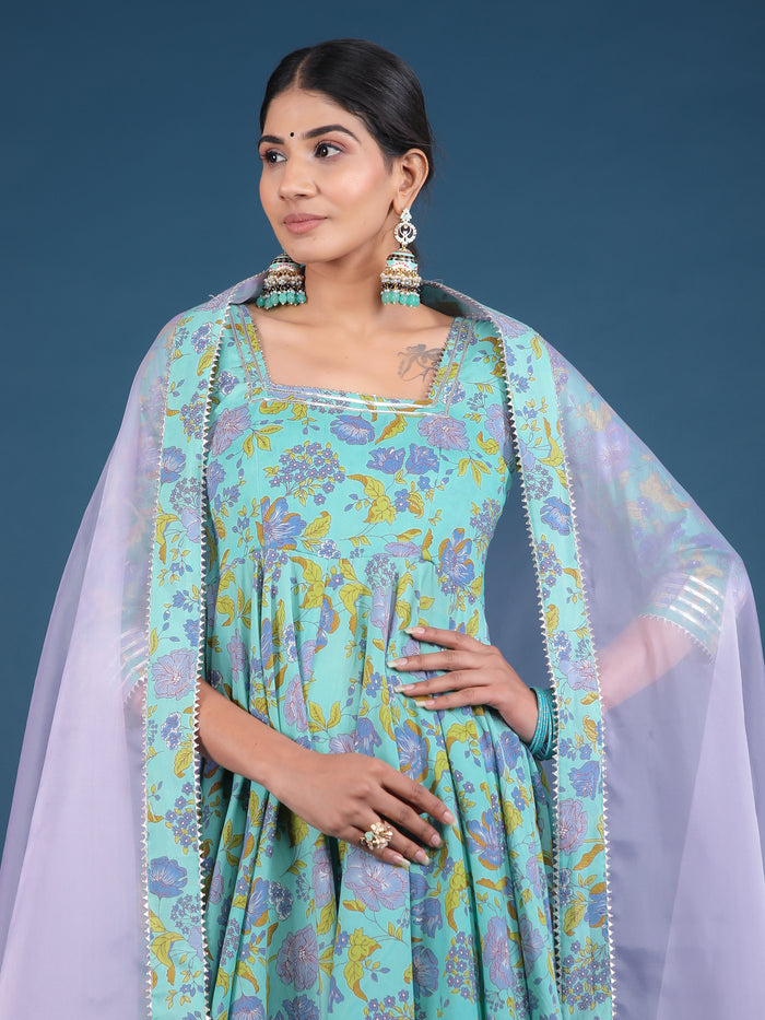 Sky Blue Lavender Floral Print Anarkali Set