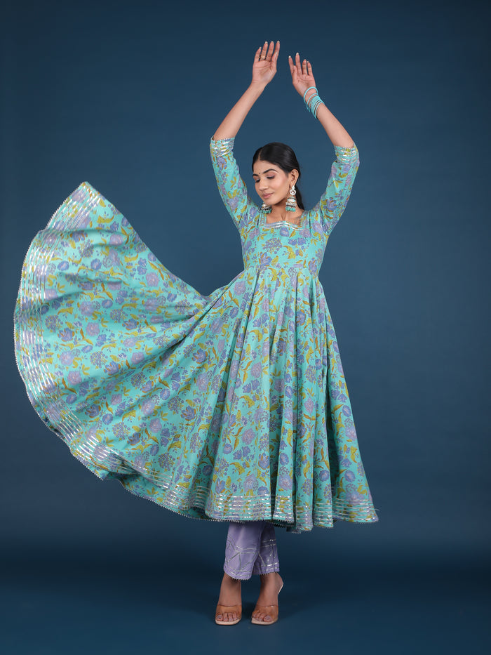 Sky Blue Lavender Floral Print Anarkali Set