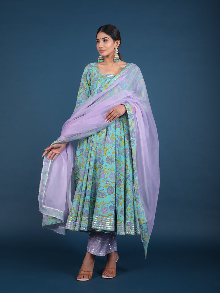 Sky Blue Lavender Floral Print Anarkali Set