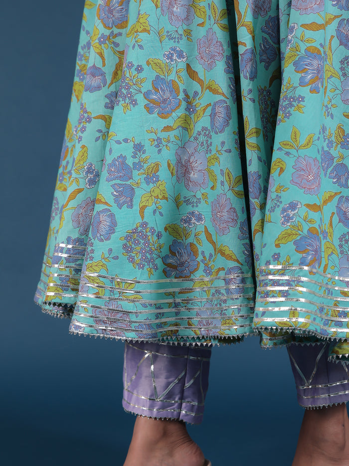 Sky Blue Lavender Floral Print Anarkali Set