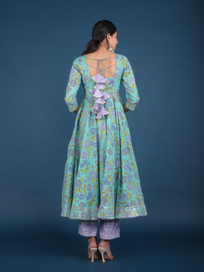 Sky Blue Lavender Floral Print Anarkali Set