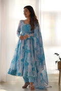 Sky Blue Organza Floral Printed Anarkali Set