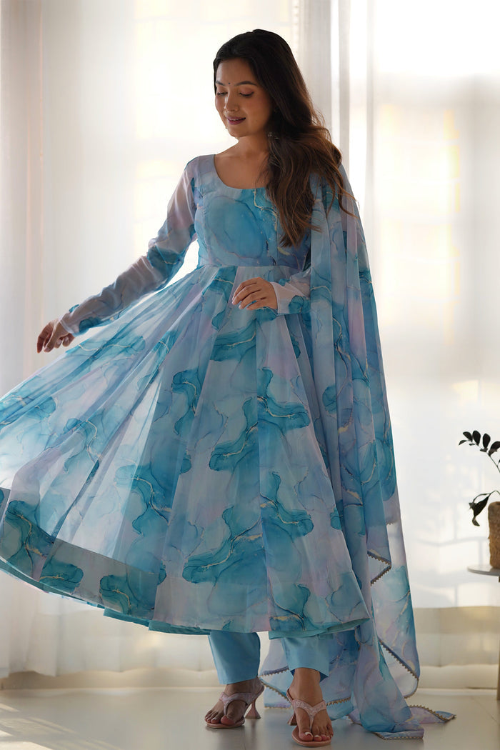 Sky Blue Organza Floral Printed Anarkali Set