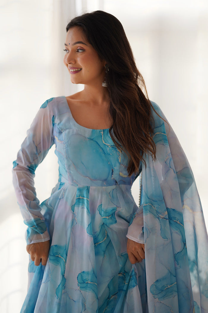 Sky Blue Organza Floral Printed Anarkali Set