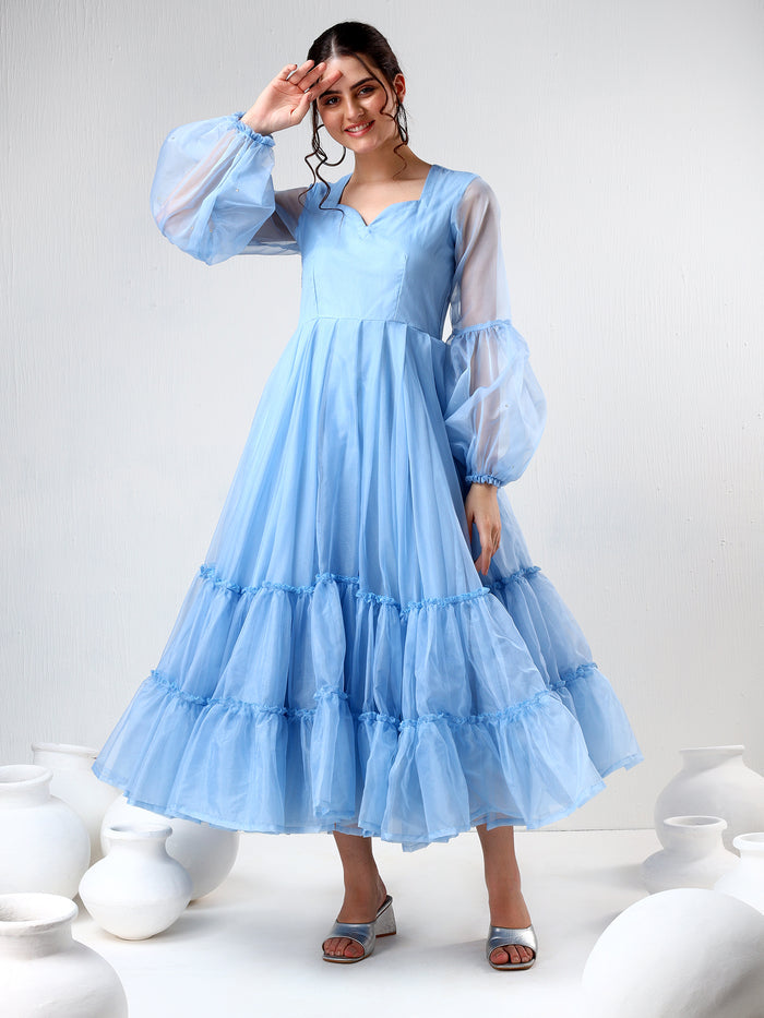 Sky Blue Organza Ruffled Gown With Sheer Puff Sleeves