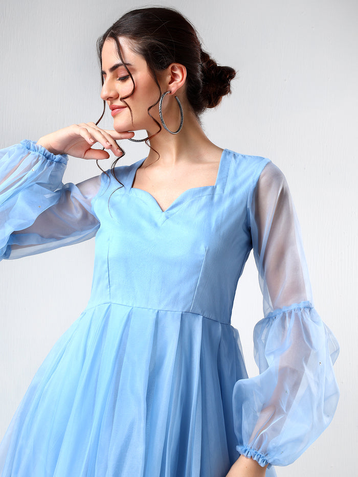 Sky Blue Organza Ruffled Gown With Sheer Puff Sleeves