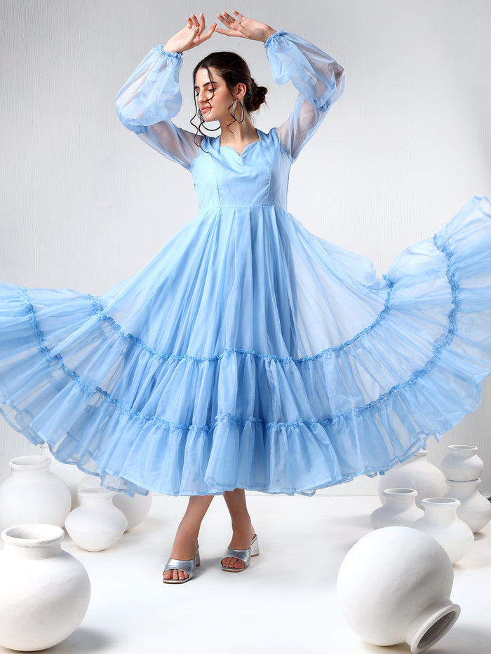 Sky Blue Organza Ruffled Gown With Sheer Puff Sleeves
