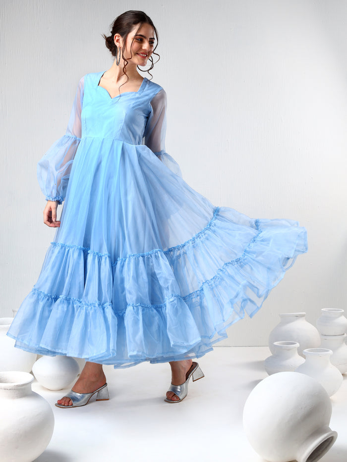 Sky Blue Organza Ruffled Gown With Sheer Puff Sleeves