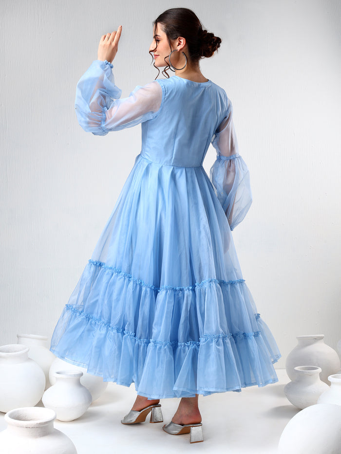 Sky Blue Organza Ruffled Gown With Sheer Puff Sleeves