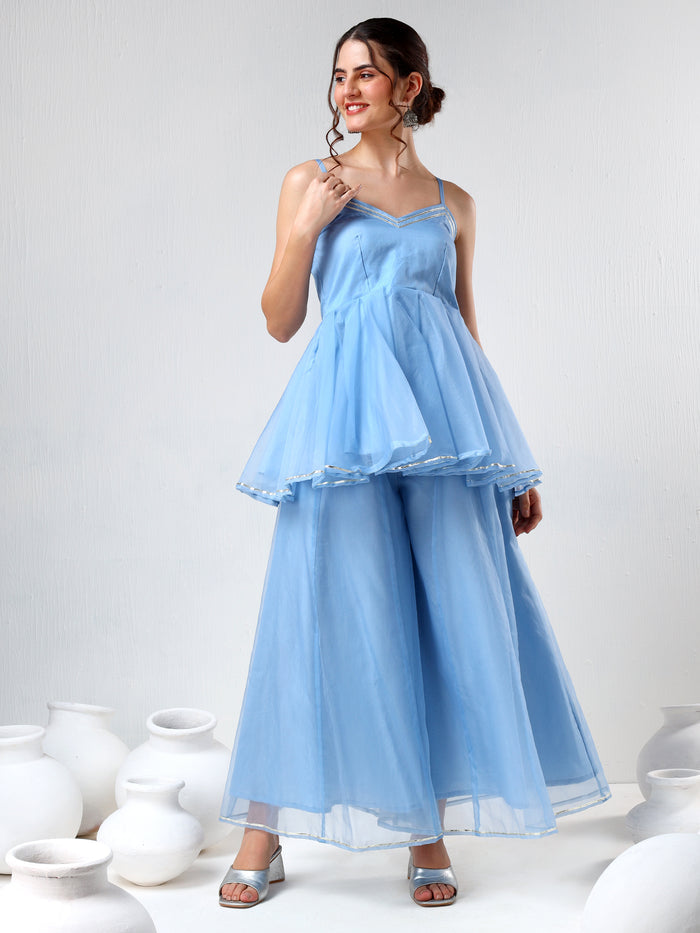Sky Blue Organza Tiered Cami Set With Silver Piping
