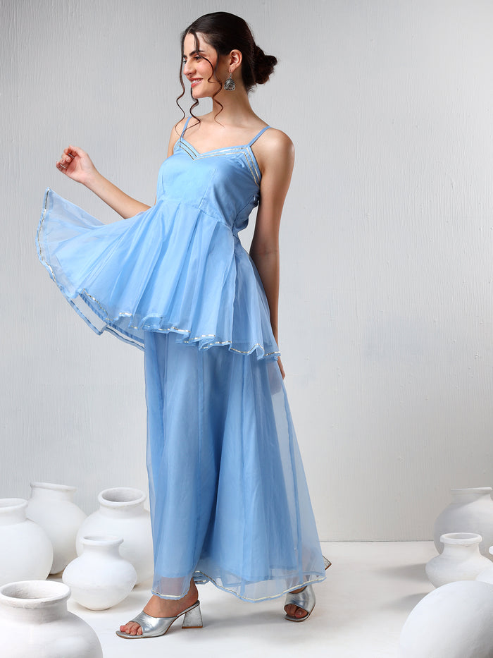Sky Blue Organza Tiered Cami Set With Silver Piping