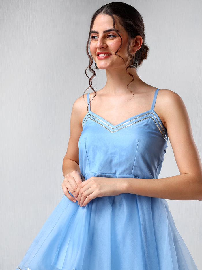 Sky Blue Organza Tiered Cami Set With Silver Piping