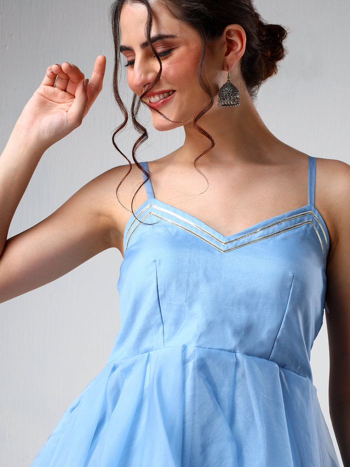Sky Blue Organza Tiered Cami Set With Silver Piping