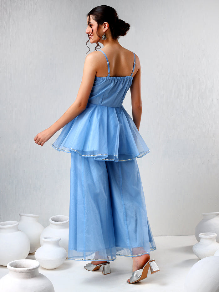 Sky Blue Organza Tiered Cami Set With Silver Piping