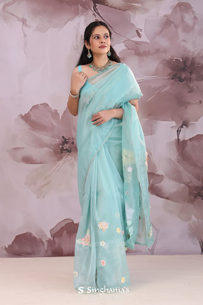 <img>  blue organza tissue saree with embroidery work