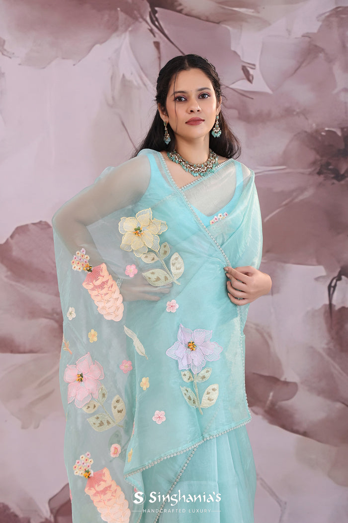 <img>  blue organza tissue saree with embroidery work