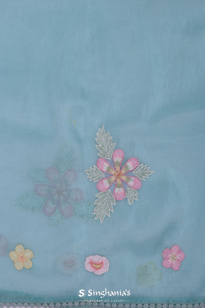 <img>  blue organza tissue saree with embroidery work