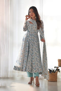 Sky White Organza Floral Printed Anarkali Set