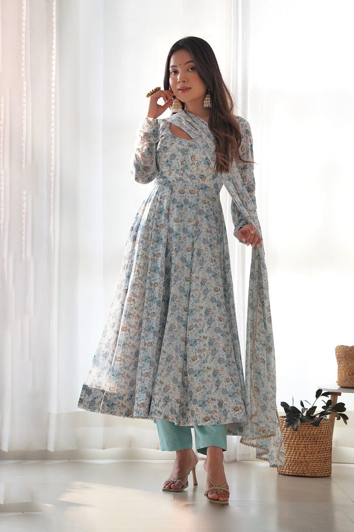 Sky White Organza Floral Printed Anarkali Set